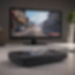 A sleek budget-friendly gaming console with vibrant graphics displayed on screen