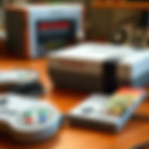 A nostalgic representation of the Super Nintendo console with classic game cartridges beside it
