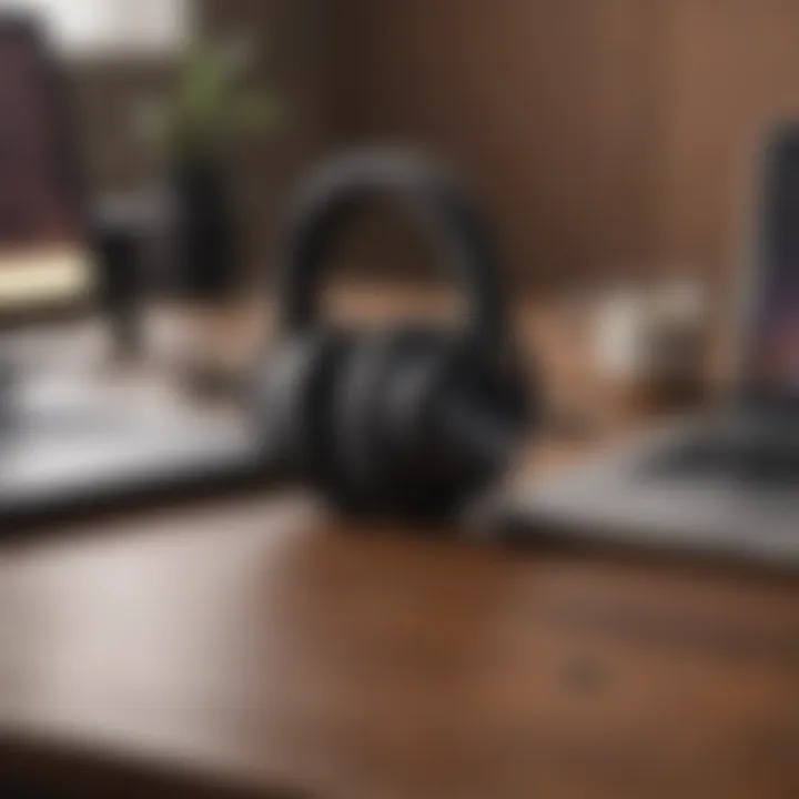 Wireless headphones resting on a desk next to a laptop