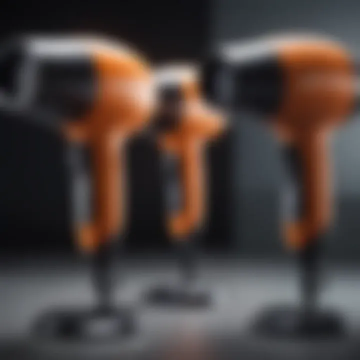 A comparison of various cordless hair dryers on a display