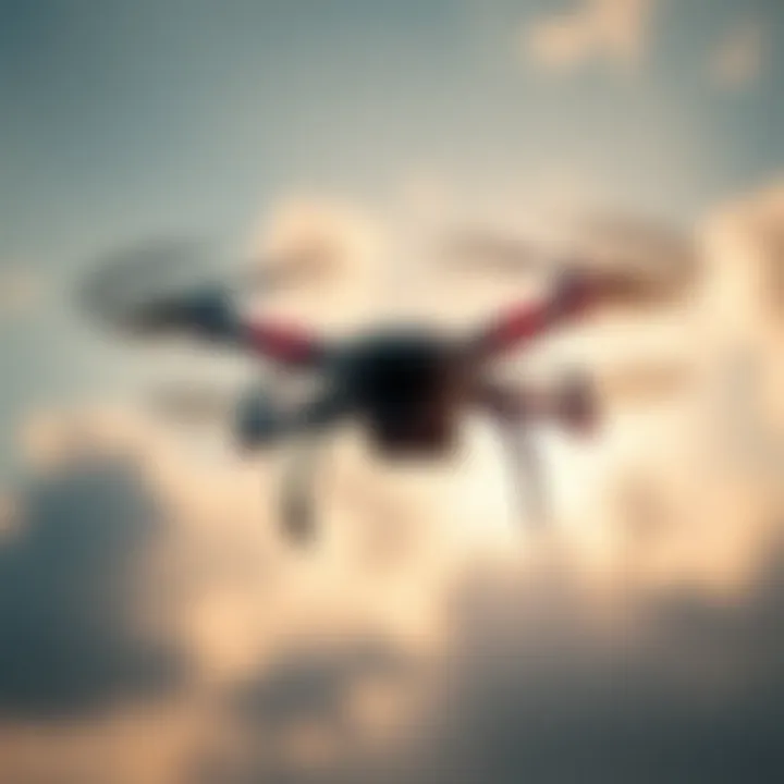 Aerial Perspective of a Racing Drone An aerial view of a budget racing drone soaring through the sky