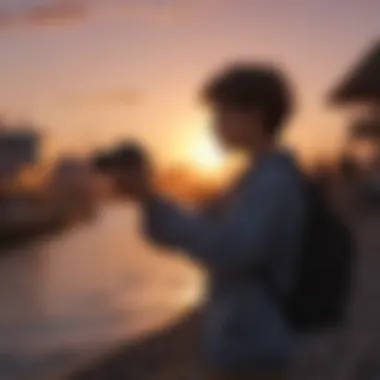 Teenager capturing sunset with camera