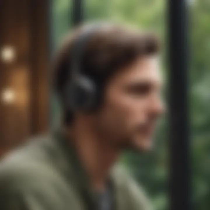 A person enjoying music with out-of-ear earbuds in a serene environment