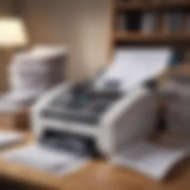 Pile of documents next to a fax machine in a bustling office