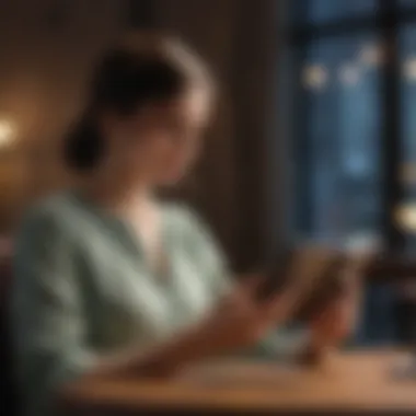 Elegant woman engrossed in reading on a Kindle Fire