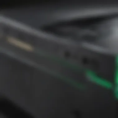 A close-up view of an Xbox One console highlighting its design features