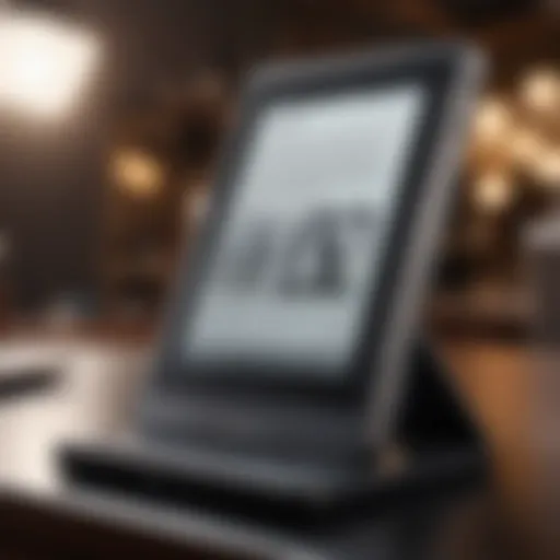 Close-up view of an e-reader showcasing its built-in light feature