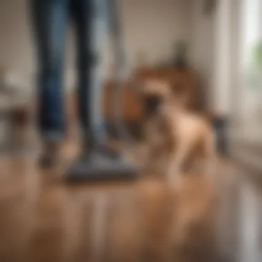 A satisfied pet owner using a vacuum cleaner in a pet-friendly home