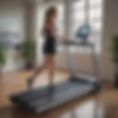 A modern office setup featuring a walking treadmill workstation.