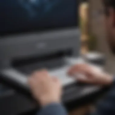 A close-up of a user connecting a printer to a MacBook Pro via Bluetooth.