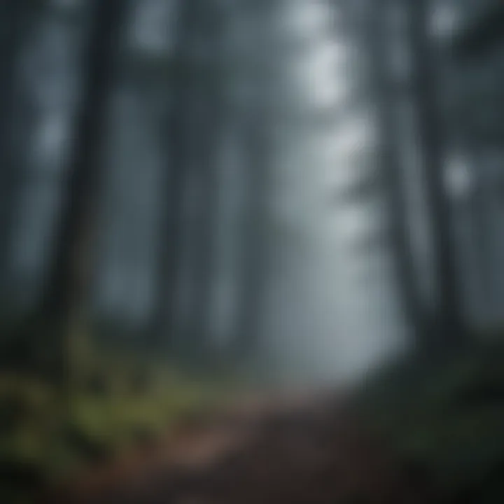 Mysterious dark forest with eerie fog