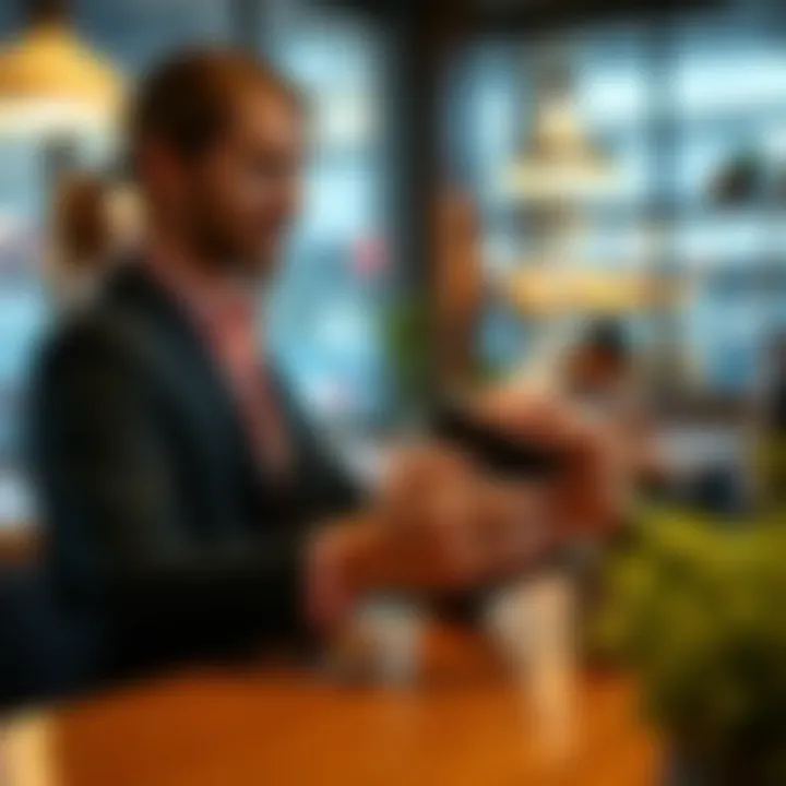 Transactions Made Easy with PayPal Reader Business professional using PayPal cell phone credit card reader in a cafe