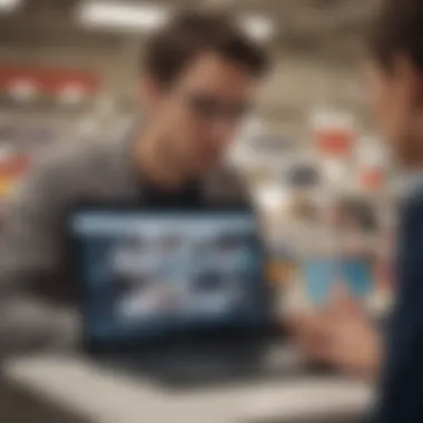 A shopper analyzing laptop options and prices at Staples