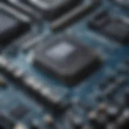 Close-up of a motherboard showcasing intricate circuits and components.