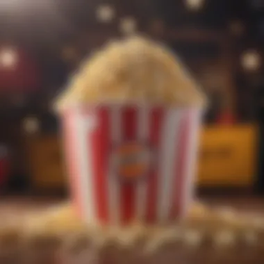 A colorful popcorn bucket overflowing with popcorn against a vibrant background