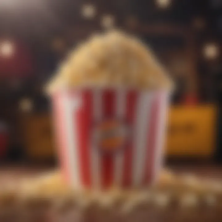 A colorful popcorn bucket overflowing with popcorn against a vibrant background