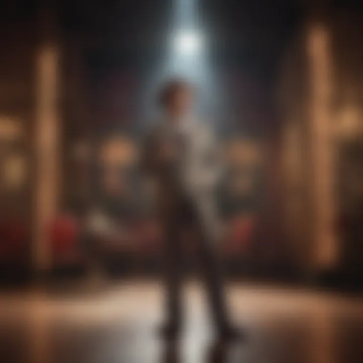 A retro-inspired illustration of a comedy club stage with a stand-up comedian performing under a spotlight