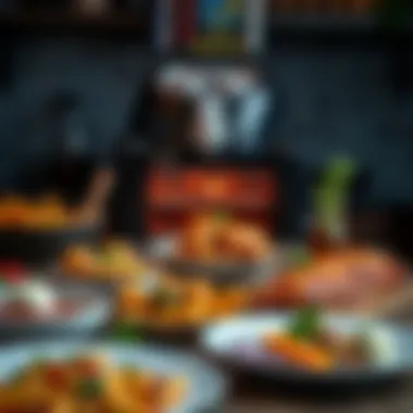 Diverse array of dishes prepared using a multipurpose air fryer oven, showcasing versatility.