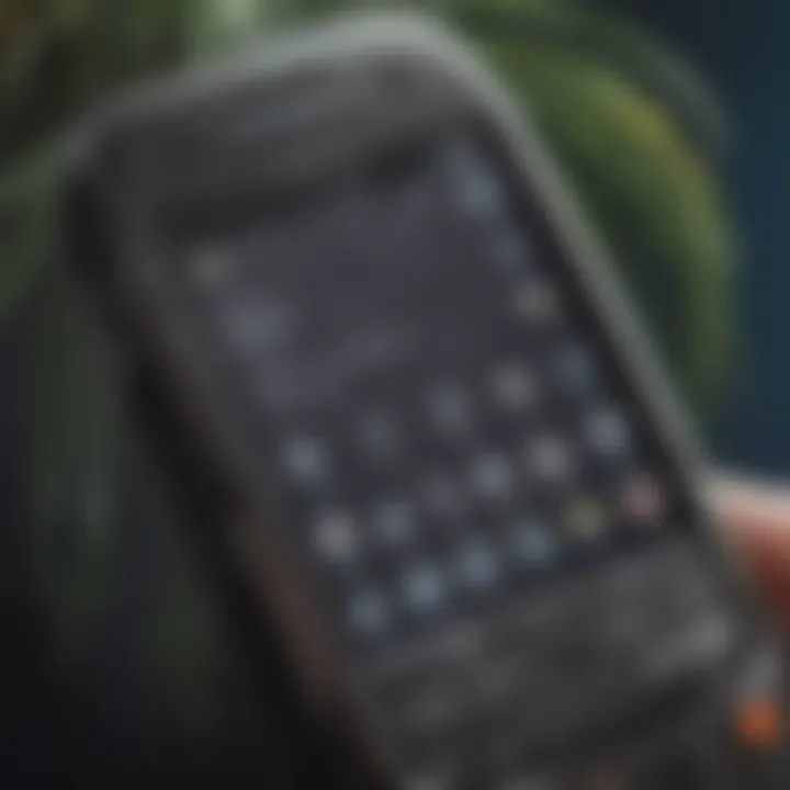 A close-up of the Palm cell phone features highlighting its unique interface