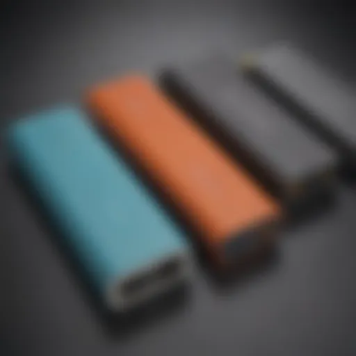 A close-up view of various portable power banks demonstrating their sleek designs.