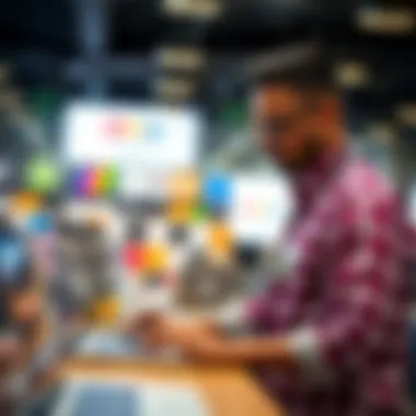 A professional reviewing laptops in a retail environment