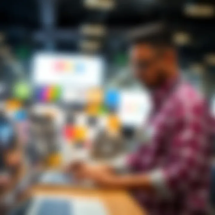 A professional reviewing laptops in a retail environment