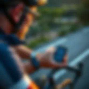 Cyclist Engaging with Garmin Distance Tracker Cyclist monitoring performance metrics with Garmin Distance Tracker