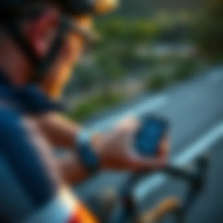 Cyclist Engaging with Garmin Distance Tracker Cyclist monitoring performance metrics with Garmin Distance Tracker