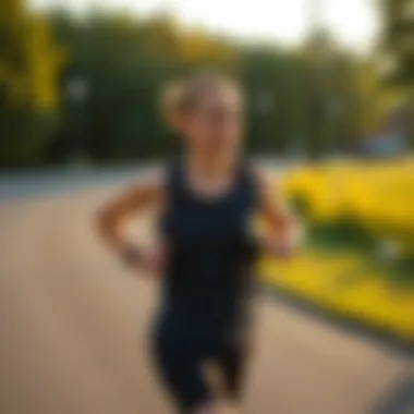 Runner Utilizing Garmin Distance Tracker Runner using Garmin Distance Tracker during a morning jog