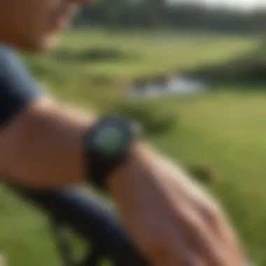 Golfer accessing course information on a Garmin watch during a game