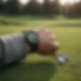 Illustration of a golfer using a Garmin watch on a lush green golf course