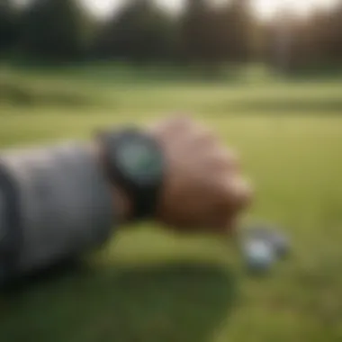 Illustration of a golfer using a Garmin watch on a lush green golf course