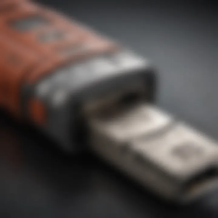 Close-up of a heavy-duty USB flash drive showcasing its rugged design