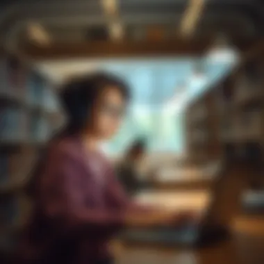Focused Student in Library A student using a laptop in a library setting