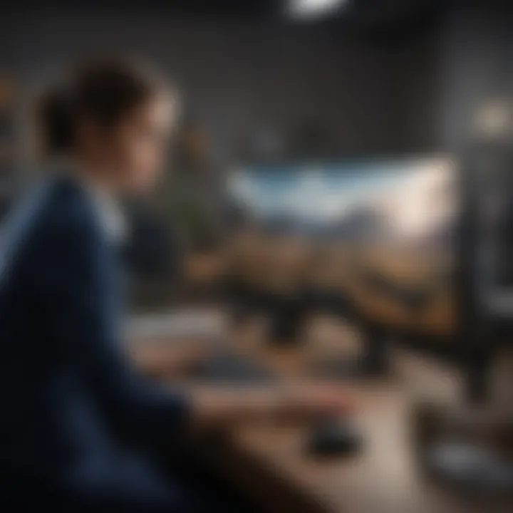User interacting with the Samsung 38 inch ultrawide monitor for multitasking