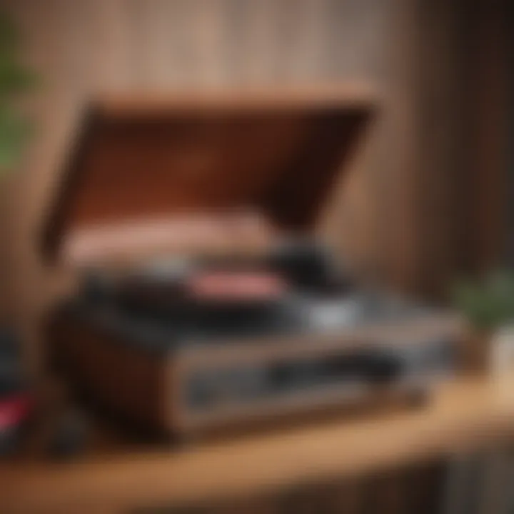Vintage record player on a wooden shelf