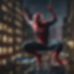 Spiderman swinging through cityscape at night