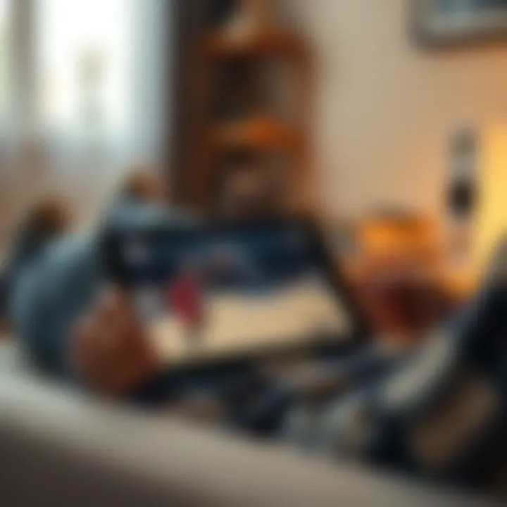 A person enjoying an NBA game on a tablet while lounging