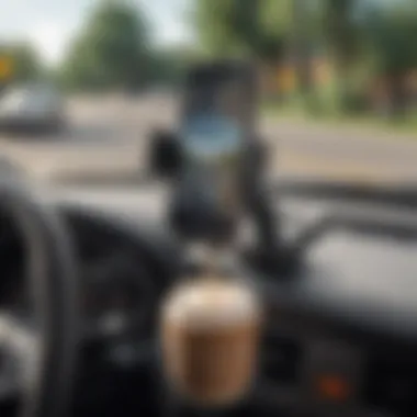 Cup Holder Phone Holder in Use While Driving A side view of a cup holder cell phone holder in action while driving.