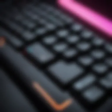 Illuminating Gameplay: Backlit Keyboard Technology Close-up of Gaming Laptop Keyboard Backlit with Neon Lights
