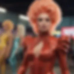 A vibrant scene from Drag Race showcasing a performer in full costume